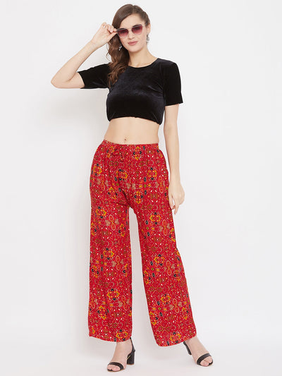 Red printed rayon palazzo with stylish design.