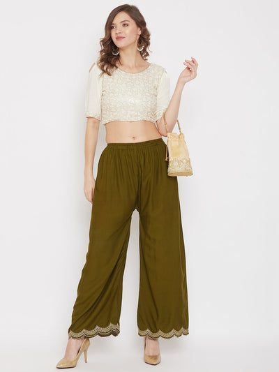 Olive Hem Design Straight Palazzo in soft Rayon fabric, styled with a white top.
