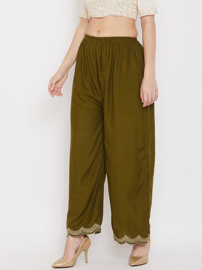 Olive hem design straight palazzo in soft rayon fabric.