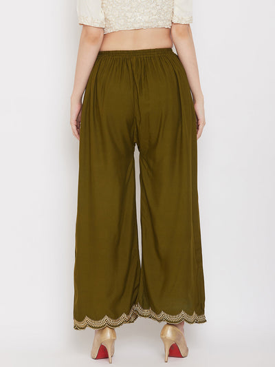 Olive hem design straight palazzo in soft rayon fabric.