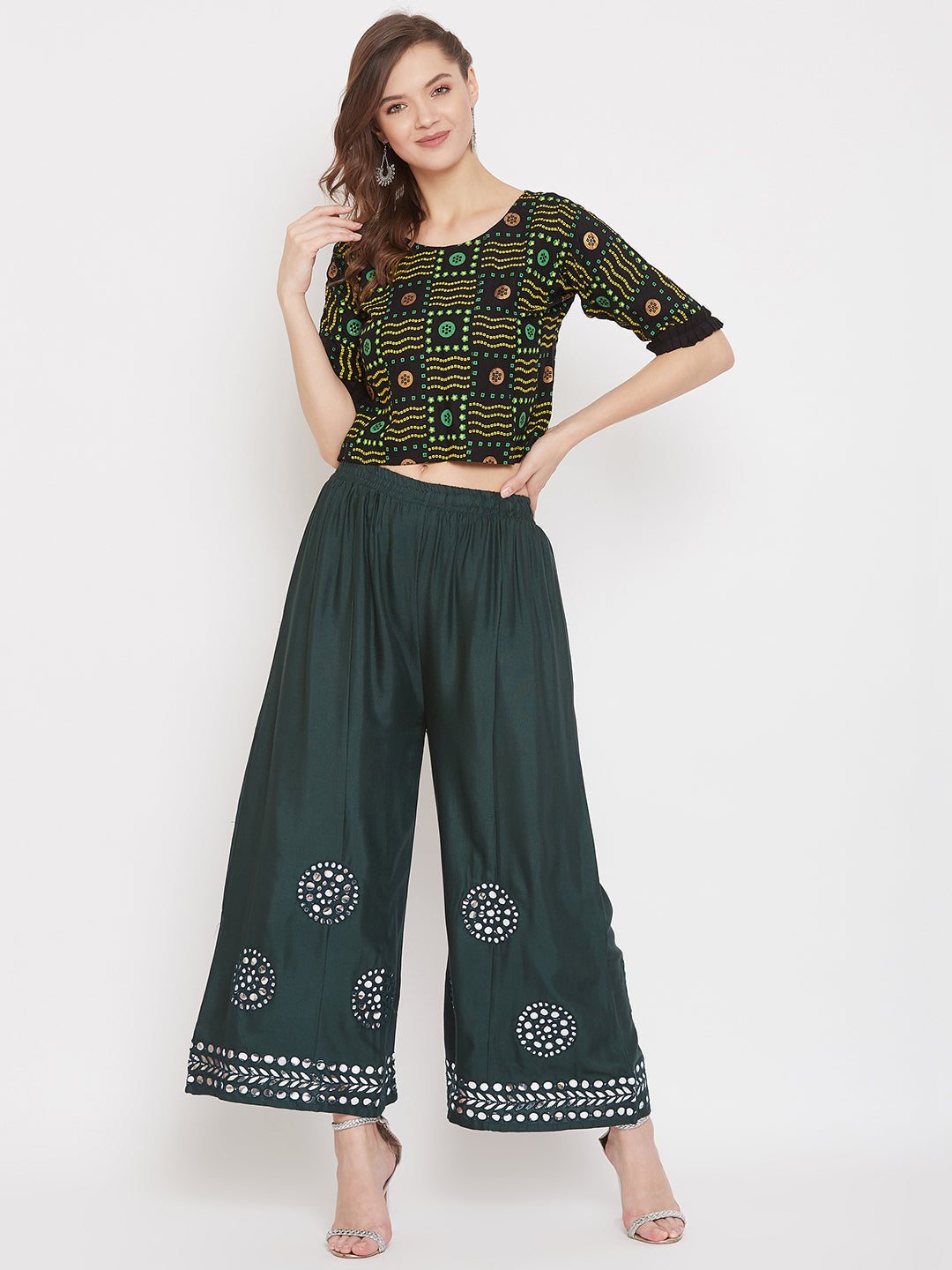 Bottle Green Mirror Work Rayon Sharara