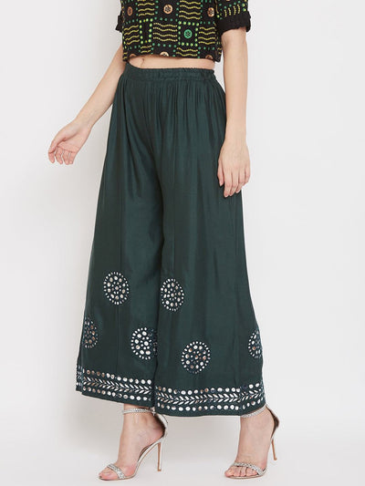 Clora Bottle Green Mirror Work Rayon Sharara