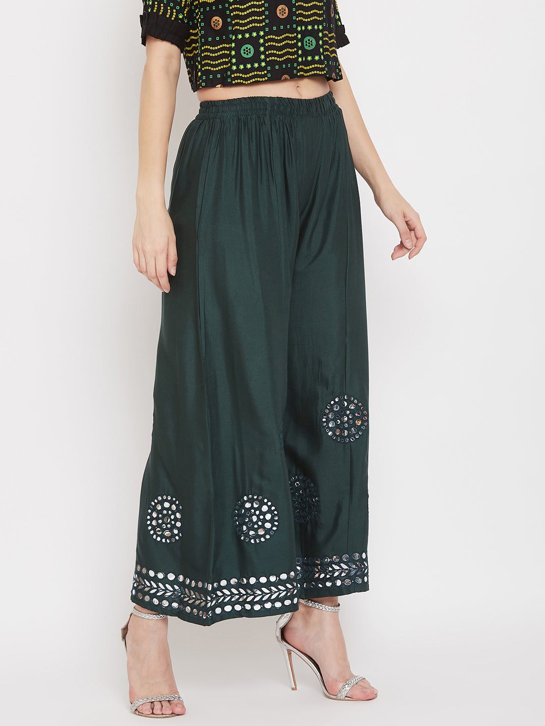 Clora Bottle Green Mirror Work Rayon Sharara