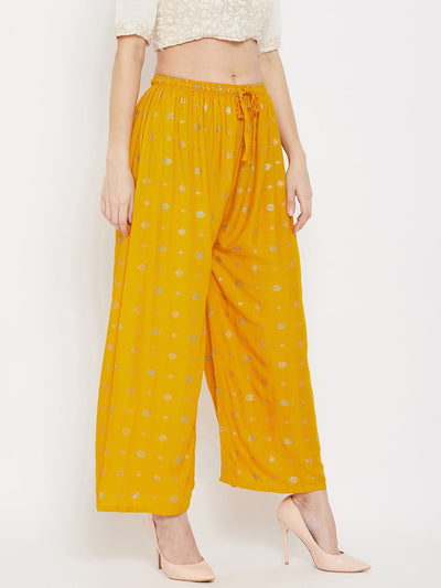 Mustard printed rayon palazzo offering a stylish look for social gatherings.