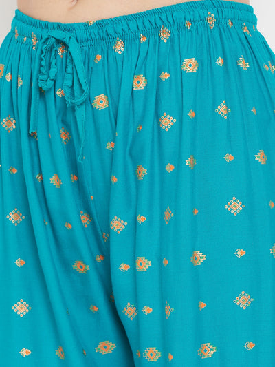 Clora Turquoise Printed Rayon Palazzo