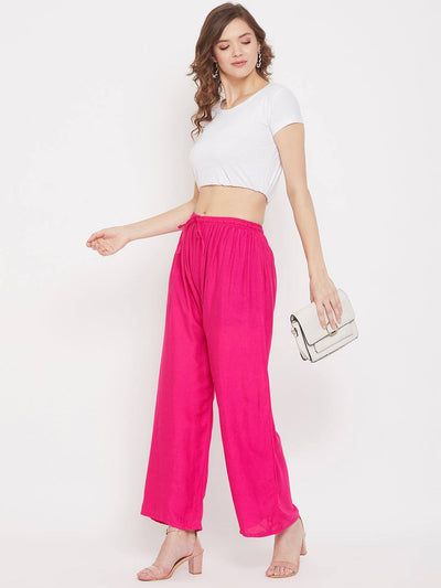 Magenta straight solid palazzo, comfortable Rayon fabric.