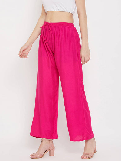 Magenta straight solid palazzo for women in lightweight rayon fabric.
