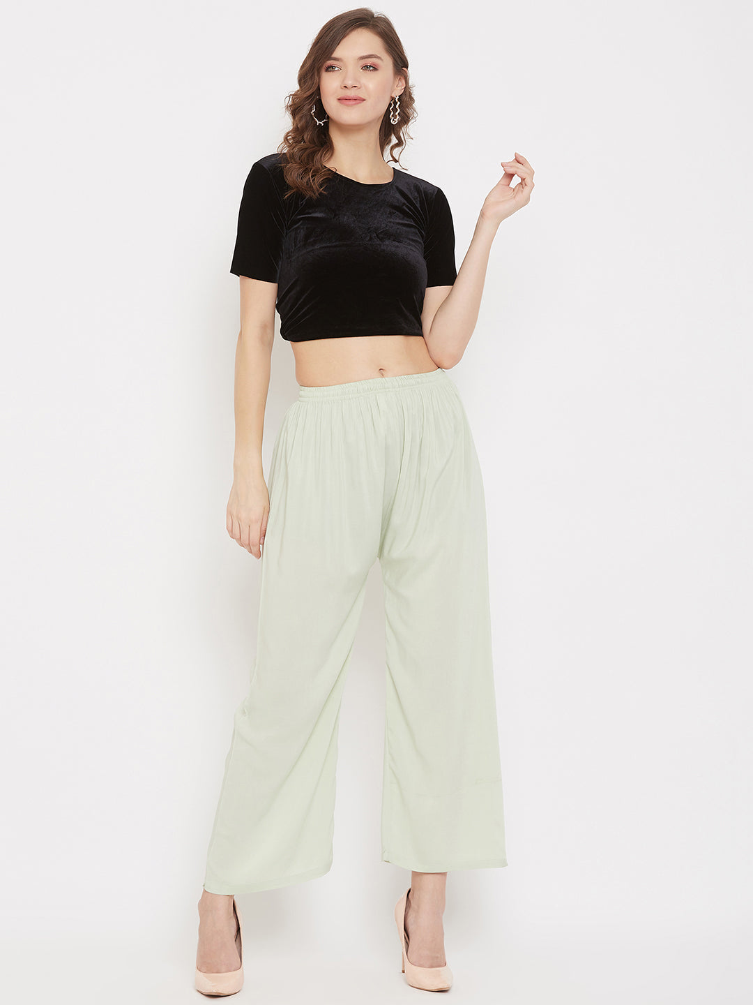 Pista Green Straight Solid Palazzo with black top.