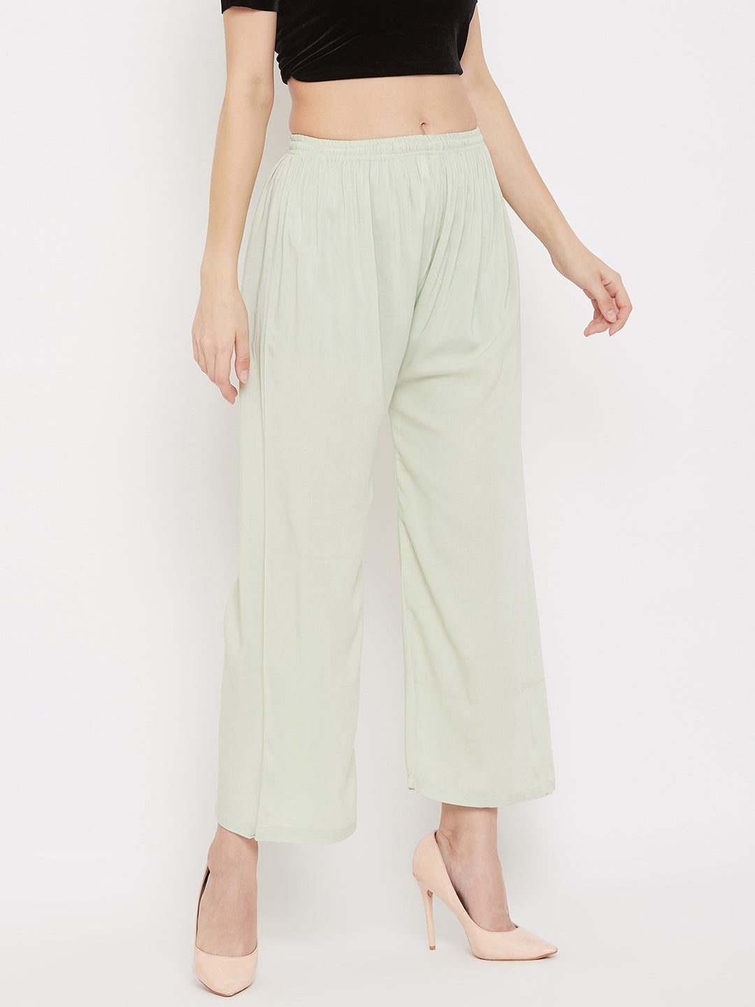 Pista Green Straight Solid Palazzo by Clora, light and comfortable rayon fabric.