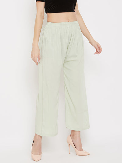 Pista Green Straight Solid Palazzo by Clora, light and comfortable rayon fabric.