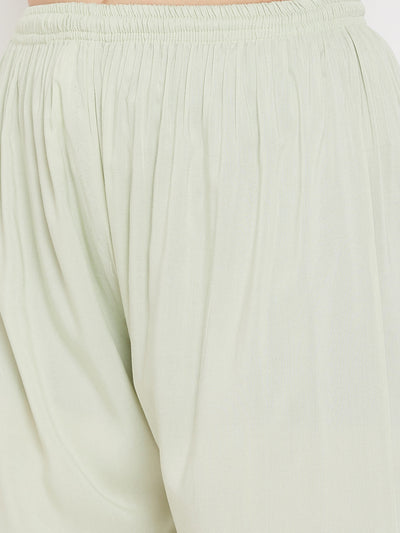 Pista Green Straight Solid Palazzo made of light-weight rayon fabric with elastic waistband.