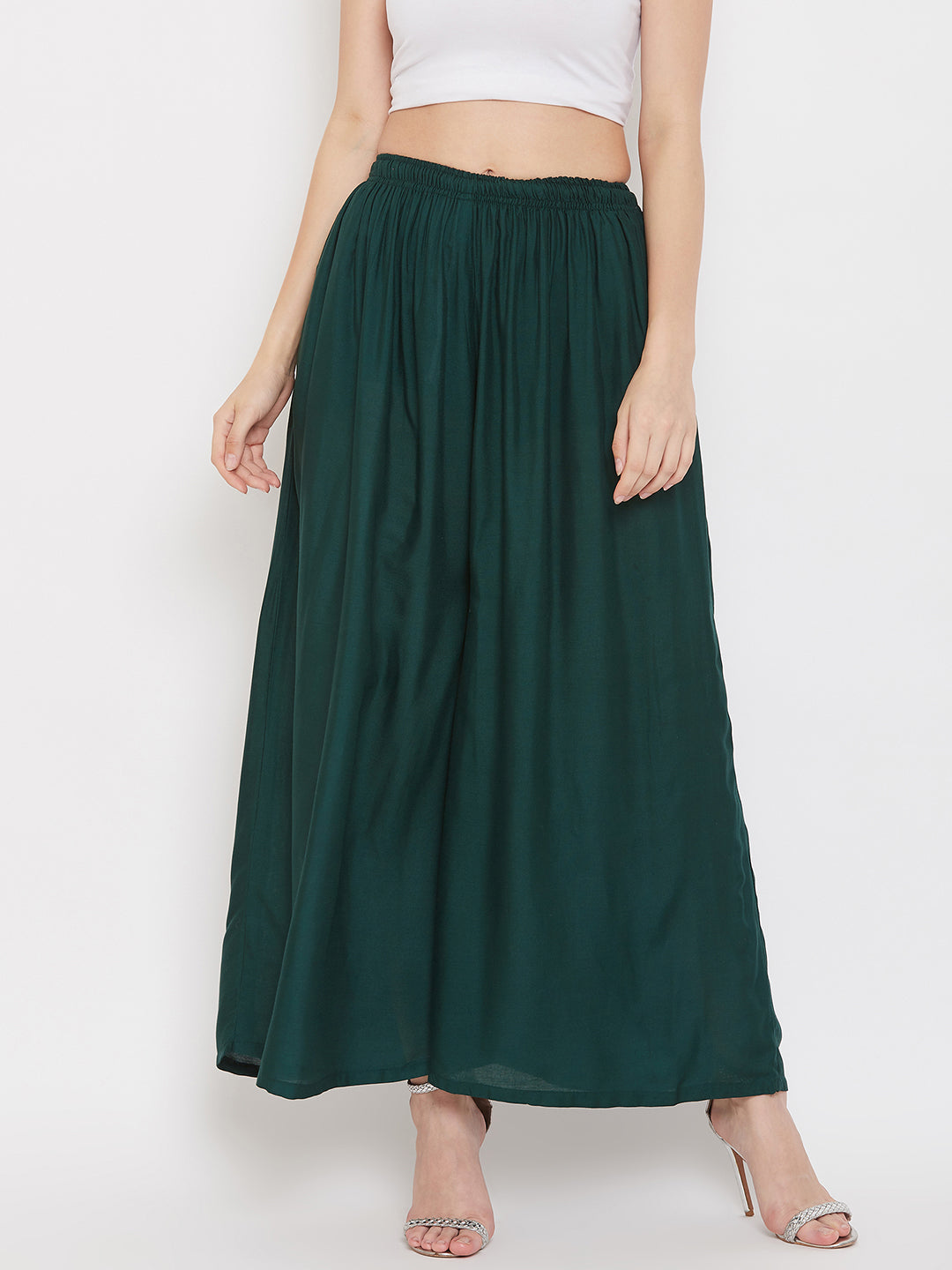 Bottle Green Flared Solid Sharara in Rayon, light and comfortable.