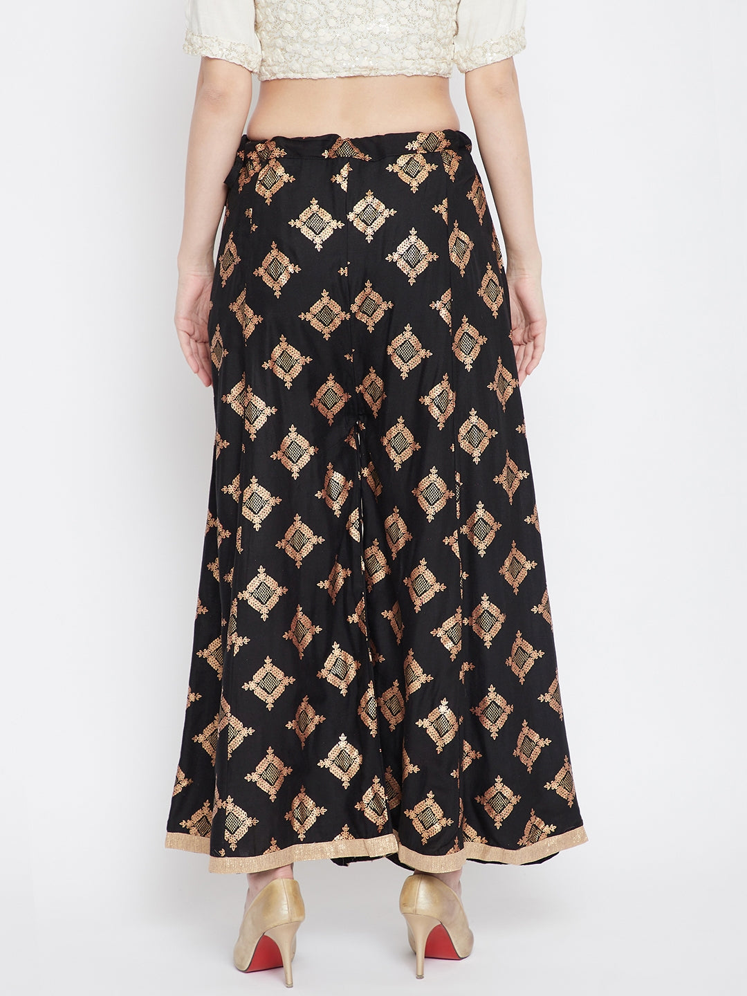 Black wide leg printed Sharara with geometric pattern.
