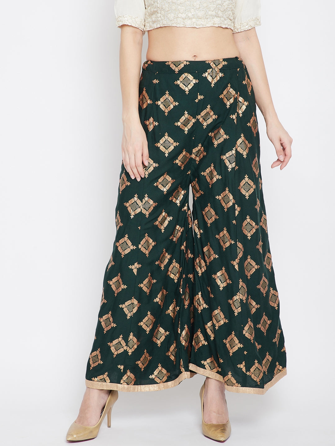 Bottle Green Wide Leg Printed Sharara for a stylish, sassy look.
