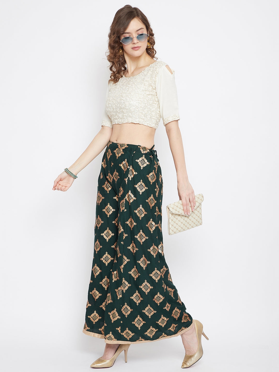 Bottle Green Wide Leg Printed Sharara paired with elegant heels.
