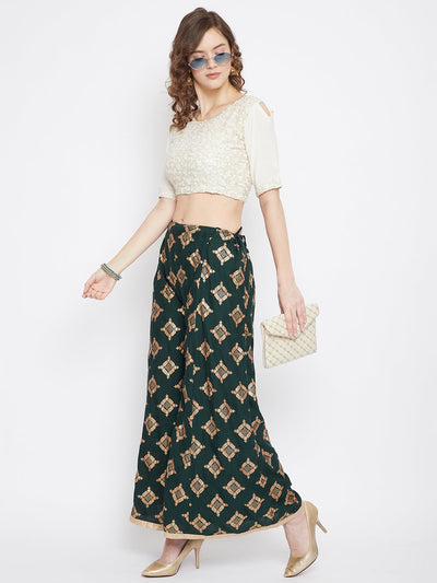 Bottle Green Wide Leg Printed Sharara paired with elegant heels.
