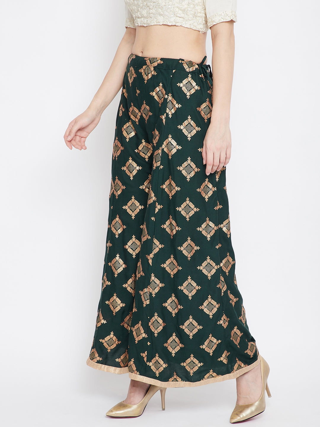 Bottle Green Wide Leg Printed Sharara with geometric pattern.