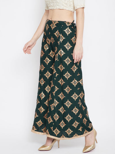 Bottle Green Wide Leg Printed Sharara with geometric pattern.