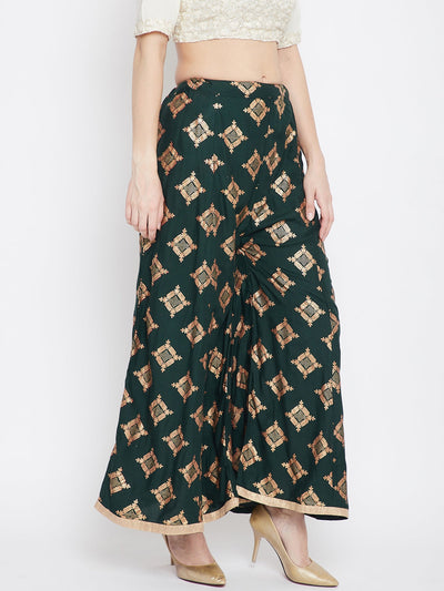Bottle Green Wide Leg Printed Sharara with geometric patterns, styled with heels.