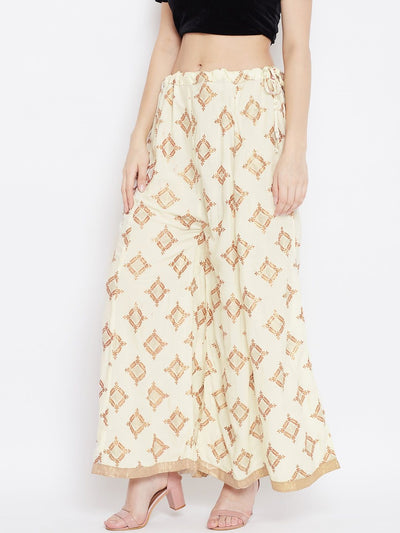 Cream wide leg printed sharara with geometric pattern, stylish and trendy for social functions.