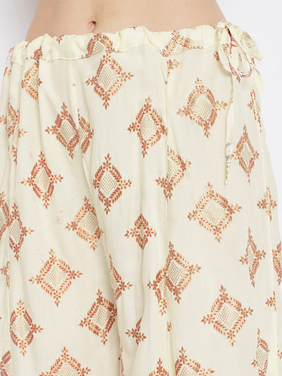 Cream wide leg printed sharara with diamond pattern design.