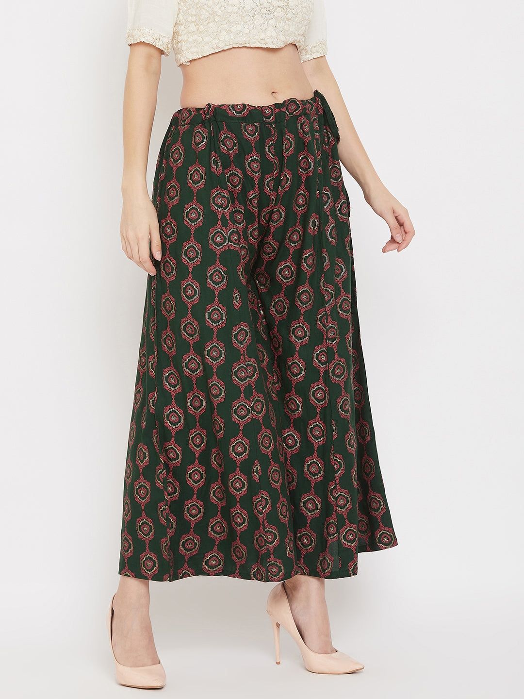 Clora Bottle Green Flared Printed Sharara