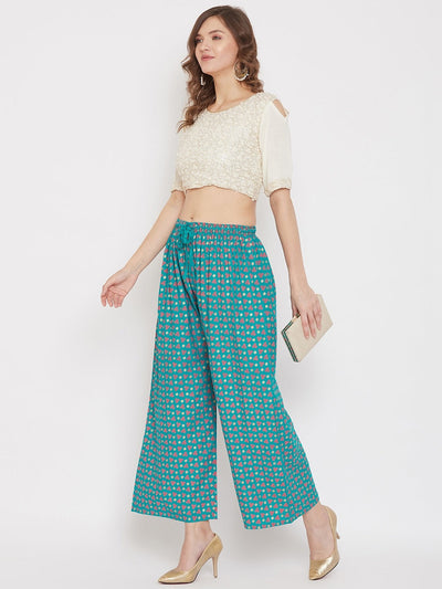 Turquoise straight printed palazzo from Clora, lightweight and comfortable.