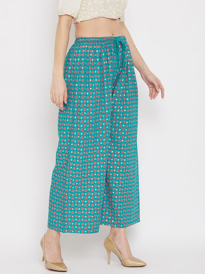 Turquoise straight printed palazzo in comfortable rayon fabric.