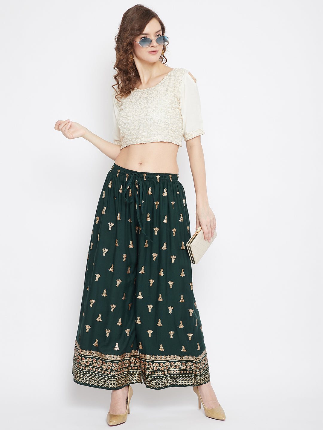 Bottle Green Printed Flared Palazzo with elegant design and flared fit.