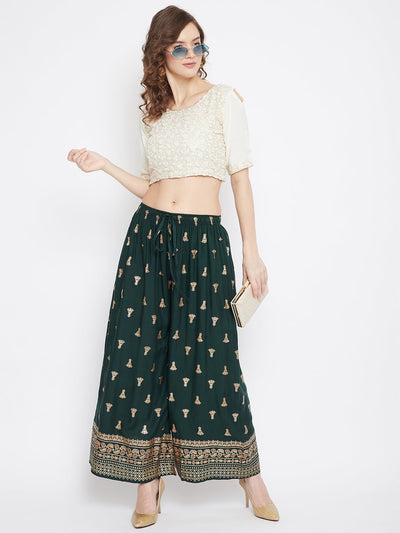 Bottle Green Printed Flared Palazzo with elegant design and flared fit.