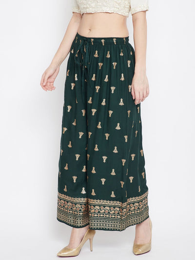 Bottle Green Printed Flared Palazzo with intricate design detailing.
