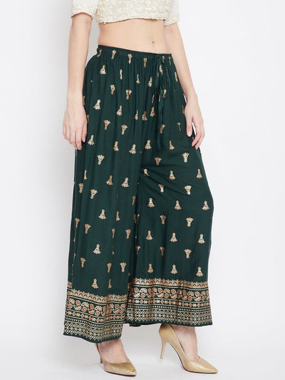 Bottle Green Printed Flared Palazzo with intricate designs and stylish fit.