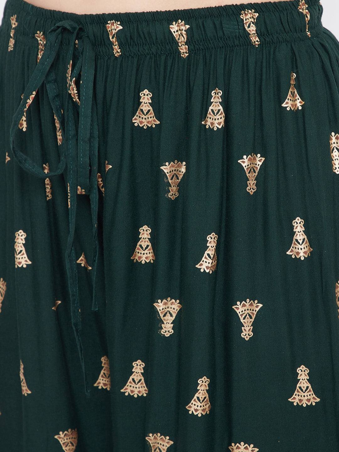 Bottle Green Printed Flared Palazzo with elegant gold designs.