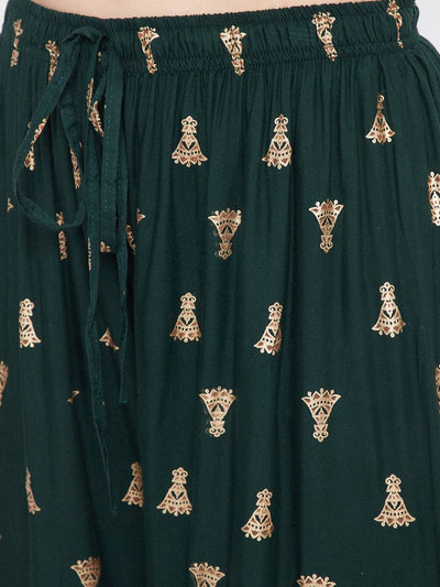Bottle Green Printed Flared Palazzo with elegant gold designs.