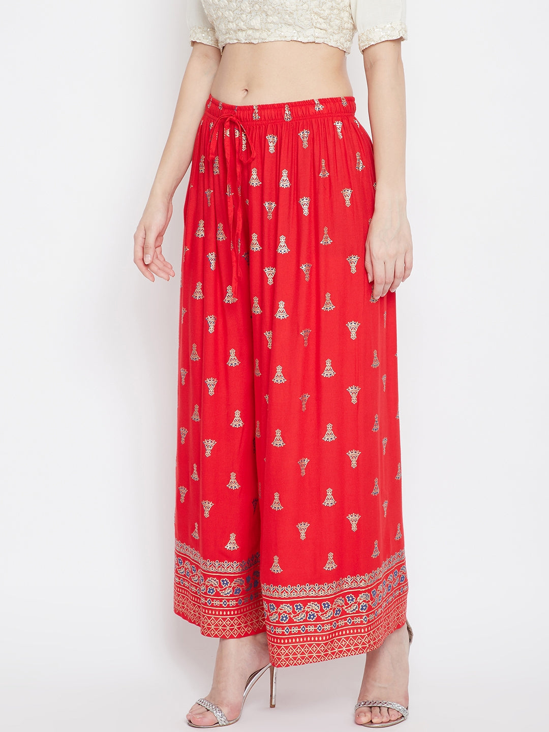 Red Printed Flared Palazzo