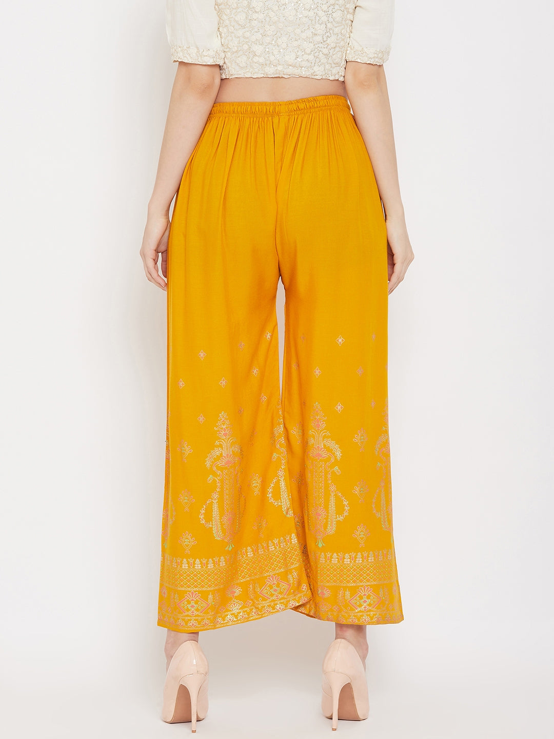 Mustard printed rayon palazzo with comfortable fit and stylish design.