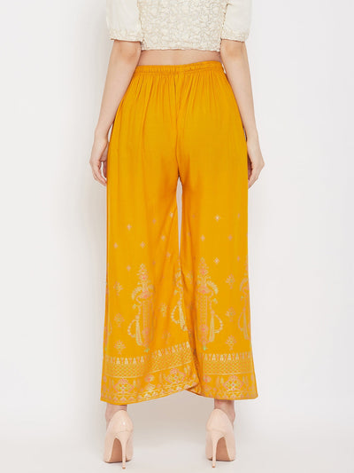 Mustard printed rayon palazzo with comfortable fit and stylish design.
