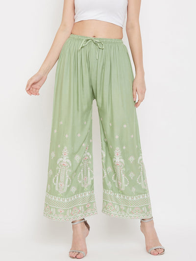 Clora Pista Green Printed Rayon Palazzo