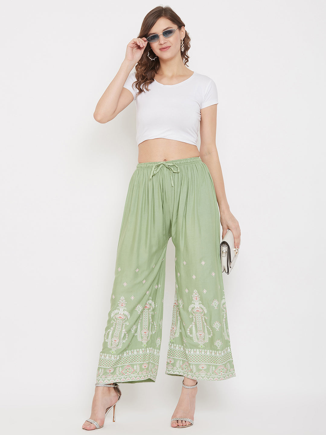 Clora Pista Green Printed Rayon Palazzo