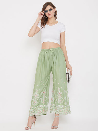 Clora Pista Green Printed Rayon Palazzo