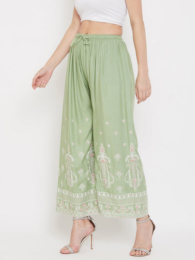 Clora Pista Green Printed Rayon Palazzo