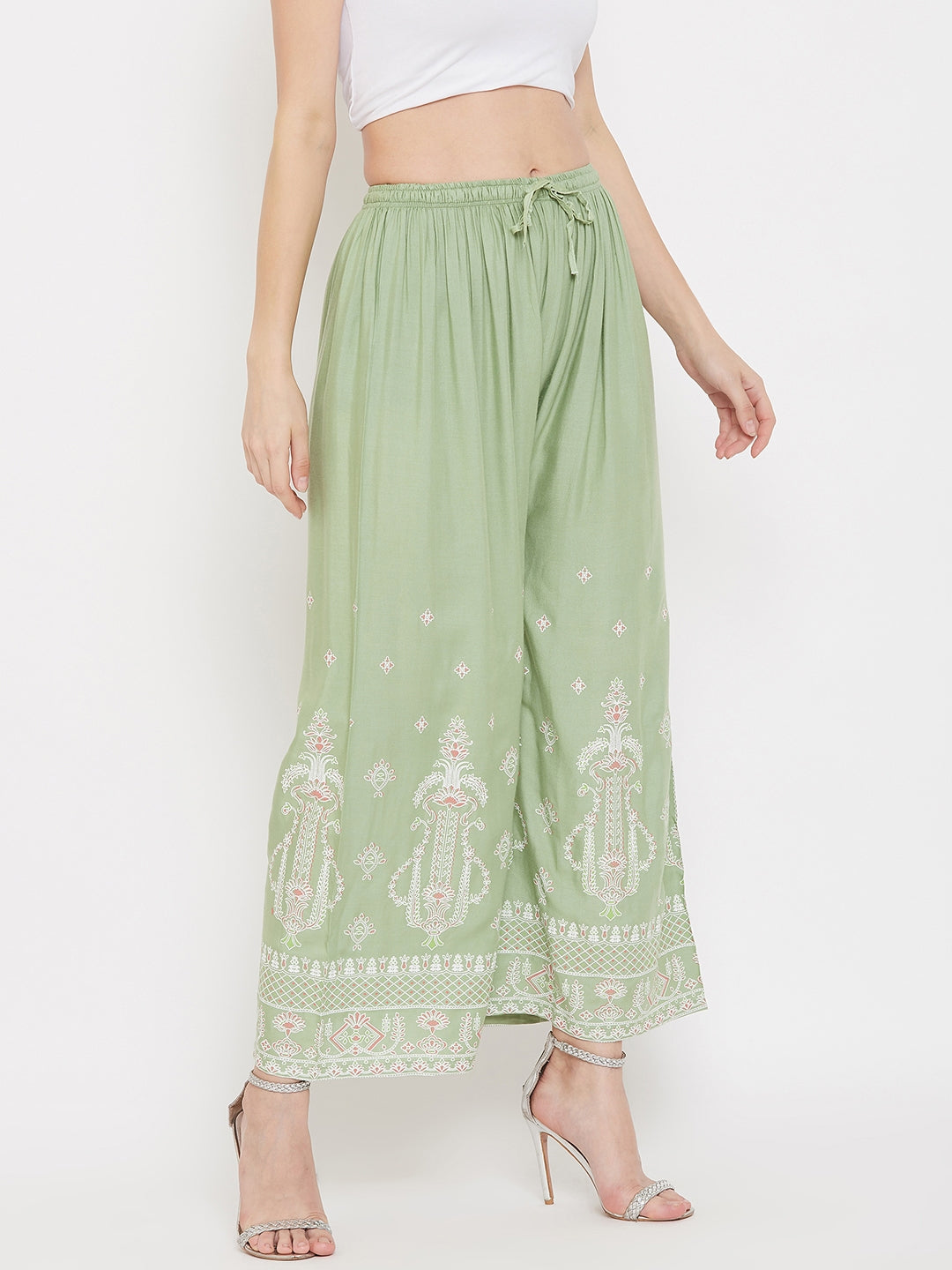 Clora Pista Green Printed Rayon Palazzo