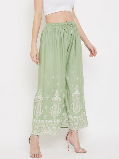 Clora Pista Green Printed Rayon Palazzo