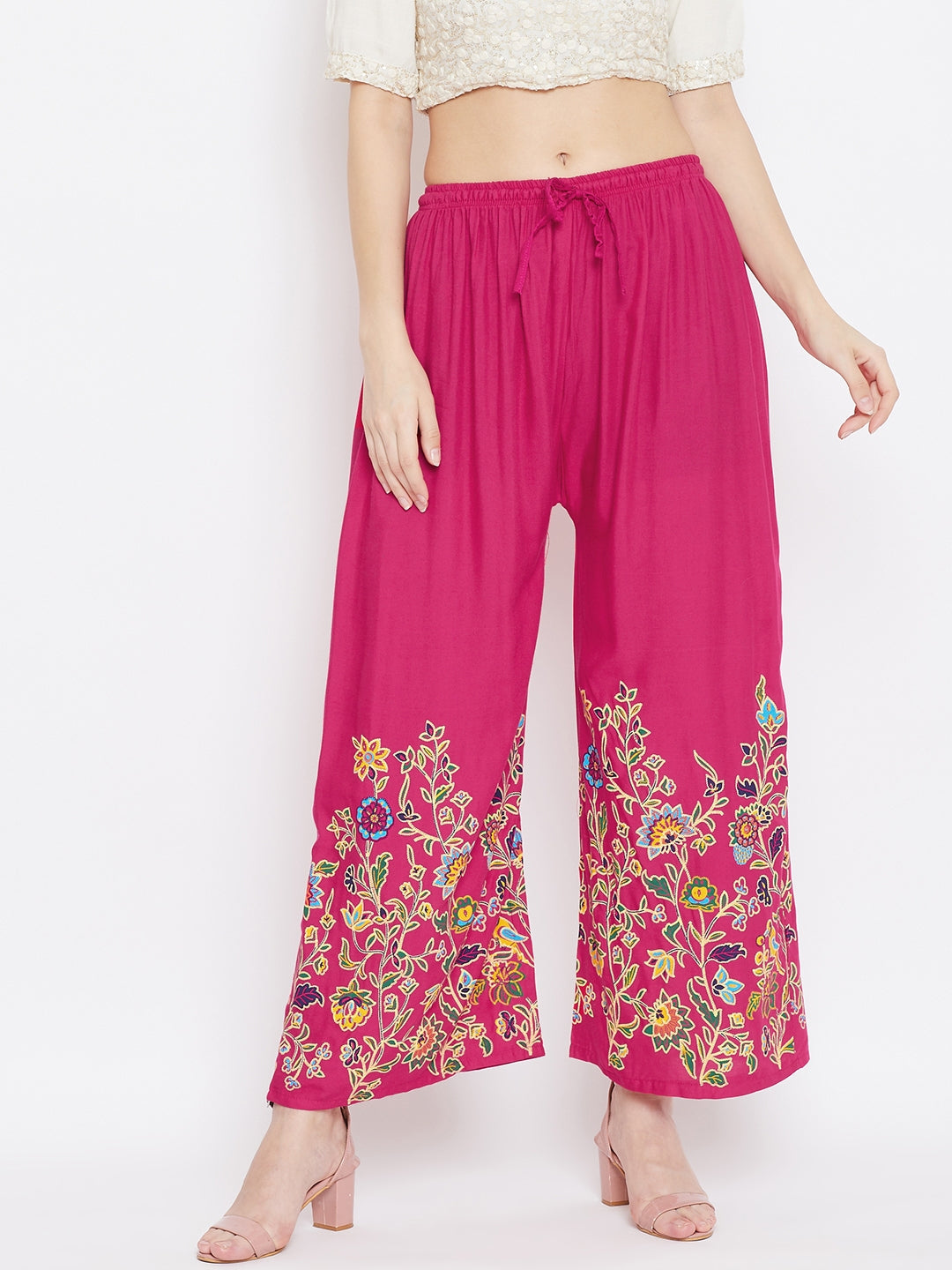 Magenta Hem Design Straight Palazzo with floral embroidery.