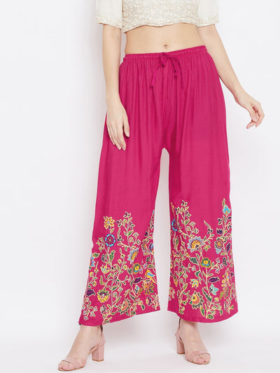 Magenta Hem Design Straight Palazzo with floral embroidery.