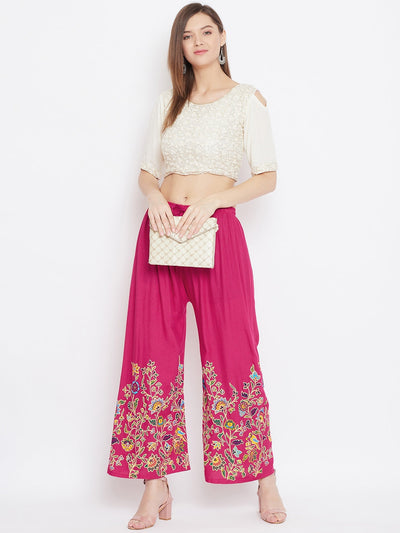Magenta hem design straight palazzo with floral pattern.