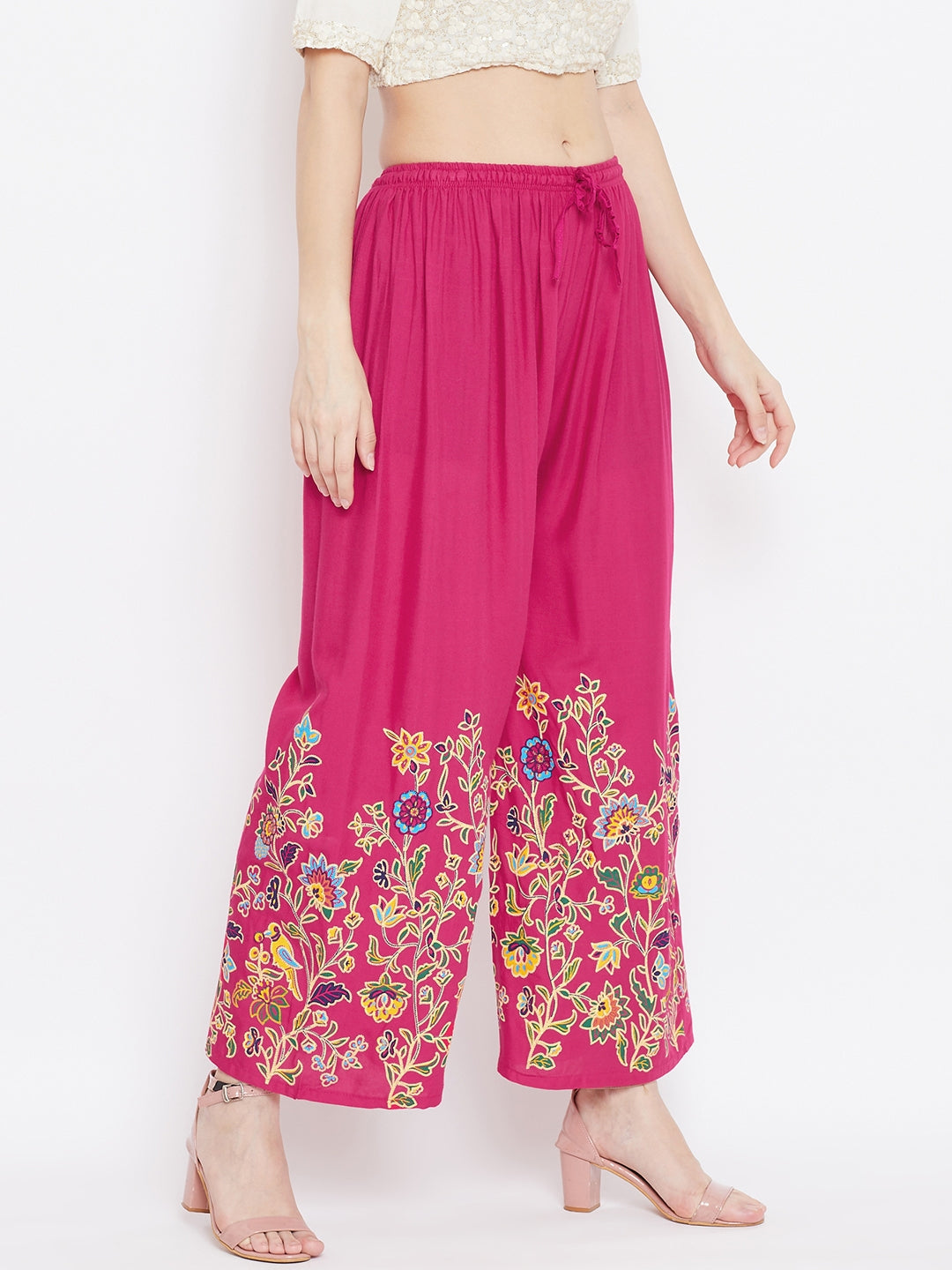 Magenta hem design straight palazzo with floral patterns, lightweight and comfortable.