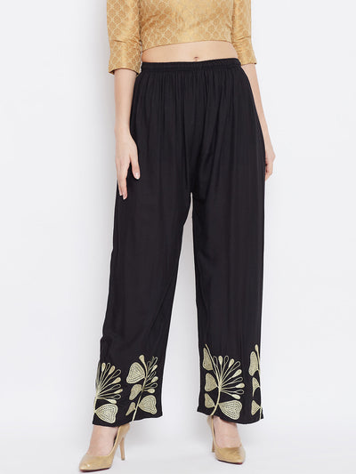 Black Hem Design Straight Palazzo in black with embroidered hem pattern.
