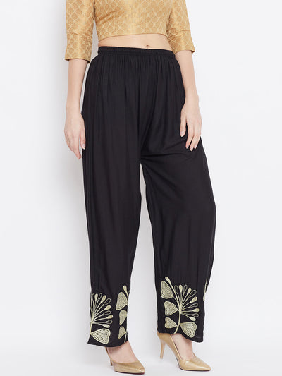 Black Hem Design Straight Palazzo with floral details.