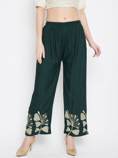 Bottle Green Hem Design Straight Palazzo made of lightweight rayon.